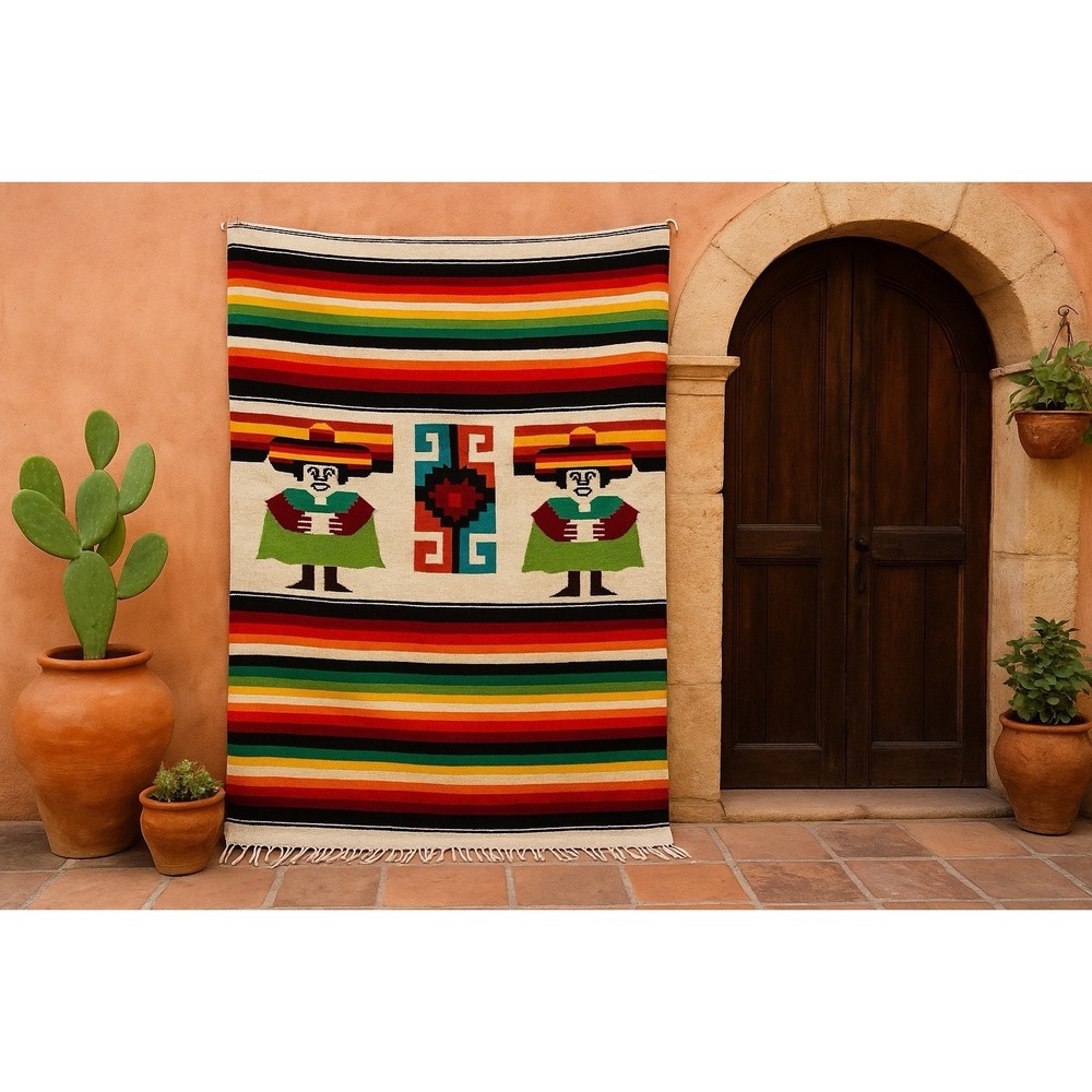 Hand Woven Mexican Folk Art Large Blanket Throw Textile Tapestry 74x47 in